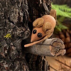 Vintage Wood Mouse Brooch Leather Tail Rustic Folk Art Pin